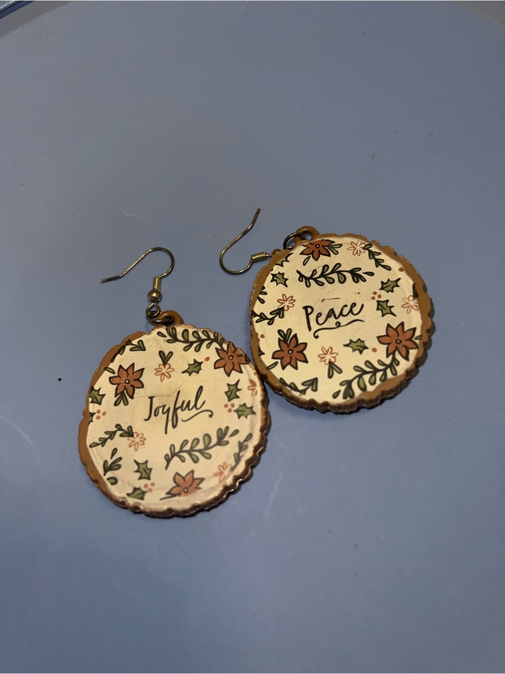 Festive Joyful & Peace Floral Faux Wooden Drop Earrings in Cream and Brown
